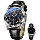 OLEVS Mens Watches Luxury Chronograph Moon Phase Waterproof Luminous Black Leather Strap Date Silver Classic Watch for Men