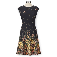 Tossed Floral Dress, Round Neck, Extended Shoulders, Back Zip