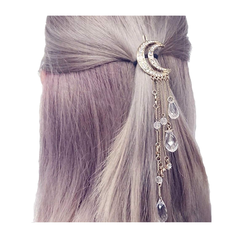 Ziory Golden Moon Shaped Rhinestone Crystal Tassel Long Chain Beads Dangle Hairpin Hair Clip Hair Jewelry for Women and Girls